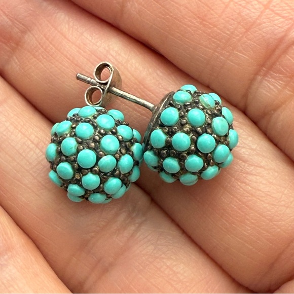 Natural turquoise solid sterling silver ball stud earrings - Picture 4 of 6